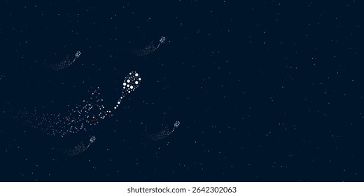 A tennis racket symbol filled with dots flies through the stars leaving a trail behind. There are four small symbols around. Vector illustration on dark blue background with stars