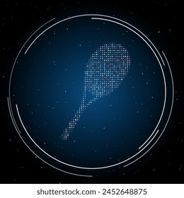 The tennis racket symbol filled with white dots. Pointillism style. Some dots is red. Vector illustration on blue background with stars