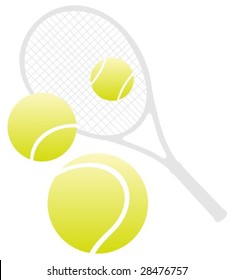 Tennisschläger und drei Bälle einzeln auf weißem Hintergrund.