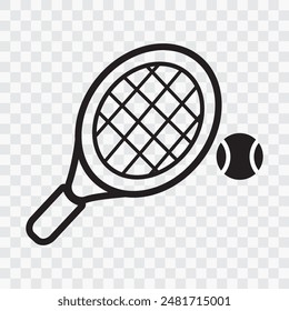 Tennisschläger Vektorgrafik Symbol auf durchsichtigem Hintergrund. Tennisschläger und Ballikone, Vektorgrafik, Silhouette. Tennisschläger, Sportsymbol für Logo, App, Website. Vektorillustration.