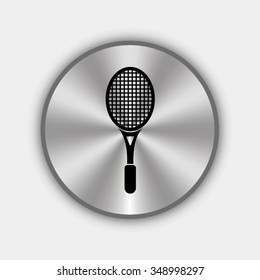 tennis racket vector icon - round metallic button