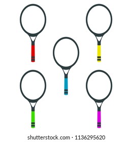 Tennis. Racket. Vector illustration. White background. EPS 10. A set of tennis rackets with multi-colored handles. Sport.