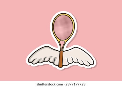 Tennis Racket and Wings Sticker vector illustration. Sports objects icon concept. Tennis with wings logo vector. Flying racket sticker design with shadow on pink background.