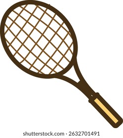 Uma raquete de tênis com uma alça de madeira e cordas de cordão em um estilo plano. A ilustração representa um item de equipamento esportivo usado para jogar tênis. Ilustração de vetor de desenhos animados.