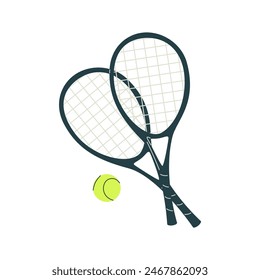 Tennis rackets, ball, badminton shuttlecock. Crossed racquets, sport game equipment, supplies for playing tenis. Flat graphic vector illustration isolated on white background