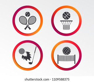 Tennis rackets with ball. Basketball basket. Volleyball net with ball. Golf fireball sign. Sport icons. Infographic design buttons. Circle templates. Vector