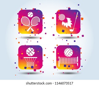 Tennis rackets with ball. Basketball basket. Volleyball net with ball. Golf fireball sign. Sport icons. Colour gradient square buttons. Flat design concept. Vector