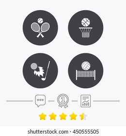 Tennis rackets with ball. Basketball basket. Volleyball net with ball. Golf fireball sign. Sport icons. Chat, award medal and report linear icons. Star vote ranking. Vector