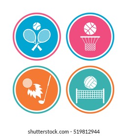 Tennis rackets with ball. Basketball basket. Volleyball net with ball. Golf fireball sign. Sport icons. Colored circle buttons. Vector