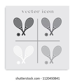 Tennis rackets and ball flat black and white vector icon.