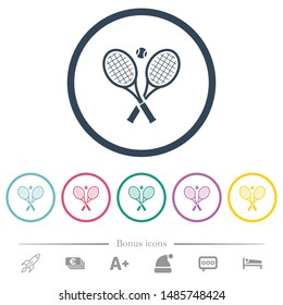 Tennis rackets with ball flat color icons in round outlines. 6 bonus icons included.