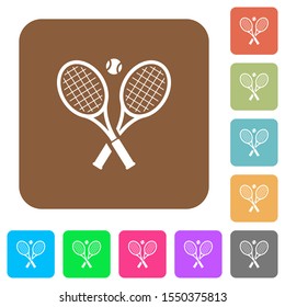 Tennis rackets with ball flat icons on rounded square vivid color backgrounds.