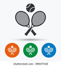 Tennis rackets with ball icon. Sport symbol. Flat signs in circles. Round buttons for web. Vector