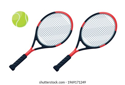 Tennis rackets and ball icons on white background. Sport equipment elements vector illustration.