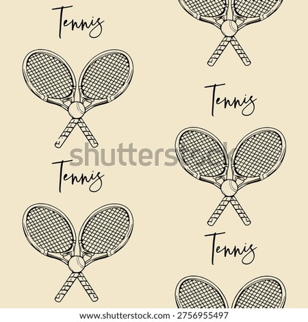 Tennis rackets, ball, seamless, vector, sporty, fabric, wallpaper, beige background, decorative, minimal