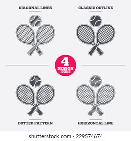 Tennis rackets with ball sign icon. Sport symbol. Diagonal and horizontal lines, classic outline, dotted texture. Pattern design icons.  Vector
