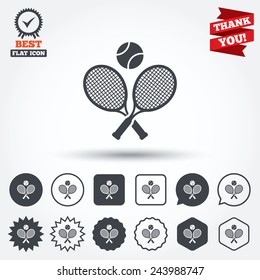 Tennis rackets with ball sign icon. Sport symbol. Circle, star, speech bubble and square buttons. Award medal with check mark. Thank you. Vector