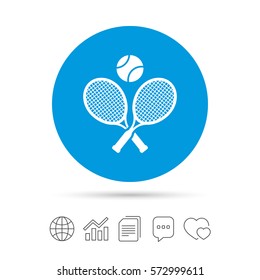 Tennis rackets with ball sign icon. Sport symbol. Copy files, chat speech bubble and chart web icons. Vector