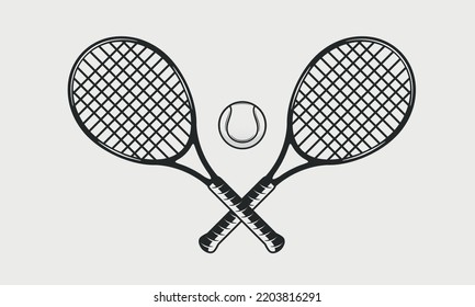 Tennis rackets and ball silhouettes isolated on white background. Crossed Tennis rackets. Vintage design elements for logo, badges, banners, labels. Vector illustration - Shutterstock ID 2203816291
