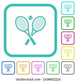 Tennis rackets with ball vivid colored flat icons in curved borders on white background