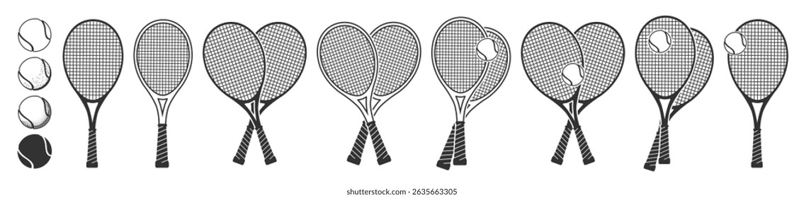 Tennis Rackets and Balls Icon Set. Vector Silhouettes for Sports Logo and Design Isolated on Transparent Background