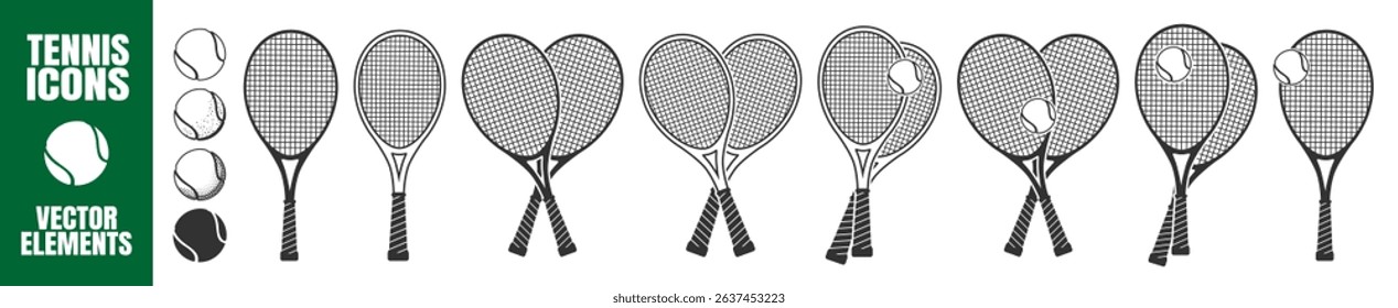 Tennis Rackets and Balls Icon Set. Vector Silhouettes for Sports Logo and Design Isolated on Transparent Background
