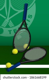 tennis rackets and balls lie on lawn of tennis court. Sport equipment and inventory. Realistic vector