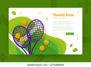 Tennis rackets and balls on the court grass, flat style vector illustration. Banner, site, poster template with copy text space. Sport concept.