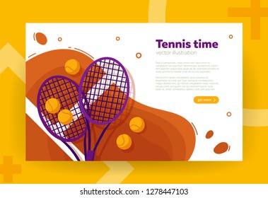 Tennis rackets and balls on the court, flat style vector illustration. Banner, site, poster template with copy text space. Sport concept.