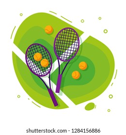 Tennis rackets and balls on the court grass, flat style vector illustration. Sport concept.