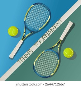 Raquetas de tênis e bolas em quadra de tênis. Ilustração de pôster realista vetorial para o torneio de Wimbledon, competição internacional de tênis.