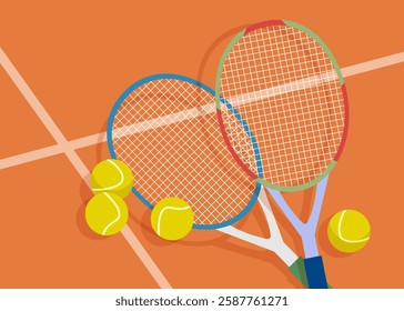 Tennis rackets with balls on the field. Vector illustration.