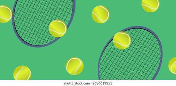 Tennis rackets and balls on green background. Real tennis game, class or match design for banner, advertisement, poster, website, brochure.