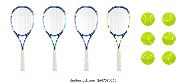 Tennis rackets and balls on isolated background. Vector illustration. Wimbledon tournament, international tennis tournament, sports events and tournaments