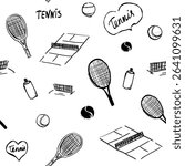 Tennis rackets, balls, seamless pattern, hand drawn sketch, vector illustration