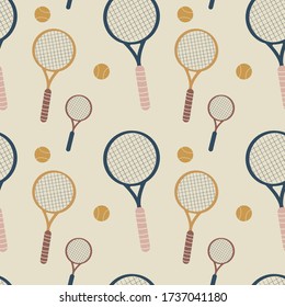 Tennis rackets and balls, seamless pattern, vector, illustration. Vector repeating background for fabric and paper.