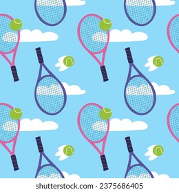 Tennis rackets and balls seamless pattern. Sports theme repeated elements. Professional equipment. Cumulus clouds in sky. Athletic print. Badminton tournament. Garish