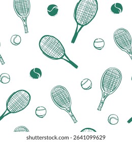 Tennis rackets, balls, seamless pattern, hand drawn sketch, vector illustration