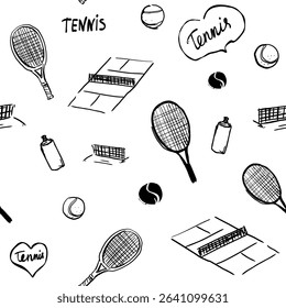 Tennis rackets, balls, seamless pattern, hand drawn sketch, vector illustration