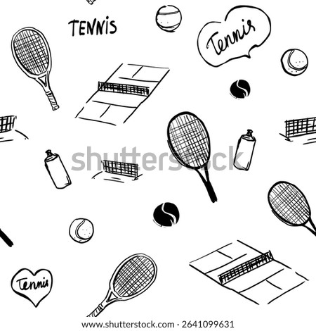 Tennis rackets, balls, seamless pattern, hand drawn sketch, vector illustration