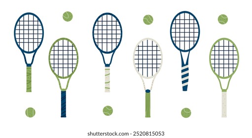 Tennis rackets and balls set isolated on white background. Vector hand drawn illustration