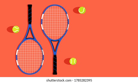 Tennis rackets and balls. Sports equipment on orange court, top view. Amateur Tennis Tournament. Illustration for cover, poster, tournament, competition. Modern vector illustration.