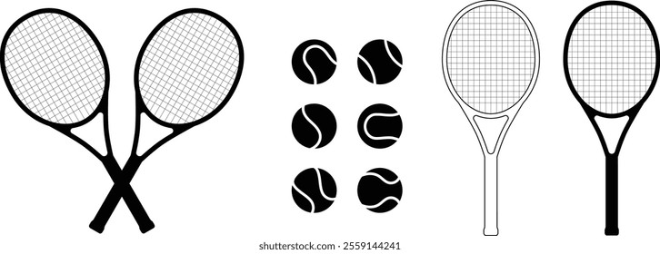 Tennis rackets and balls vector icon collection on white background