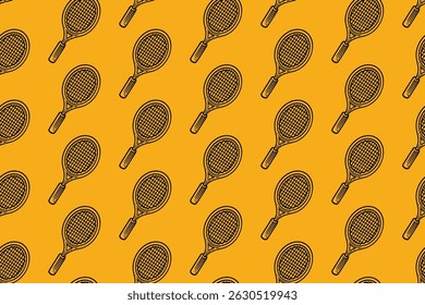 raquetas de tênis bats linha arte padrão sem costura em fundo amarelo. raquetas retro do esporte de tênis gravura padrão de incubação fundo de papel de parede para tênis esporte merchandise