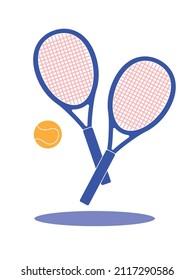 Tennis rackets crossed and ball, icon isolated on white background. Simple flat design in bright colours. Vector illustration.