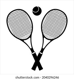 Se cruzaron las raquetas de tenis y la silueta de bola, icono aislado sobre fondo blanco. Diseño sencillo y plano. Ilustración vectorial. Equipo esencial de juegos deportivos de bádminton. 