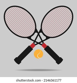 Tennis rackets crossed and ball silhouette, icon isolated on white background. Simple flat design. Vector illustration.