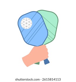 Tennis rackets in hand and ball for pickleball, paddle. Equipment for sport game. Vector flat illustration