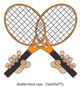 tennis rackets in hands, picture isolated on white background in cartoon style in vector graphic