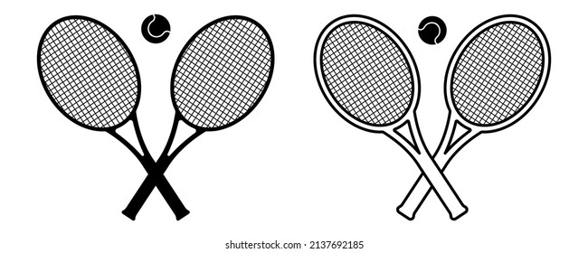 Tennis rackets icon on white background. Tennis rackets and ball. Vector black silhouette.